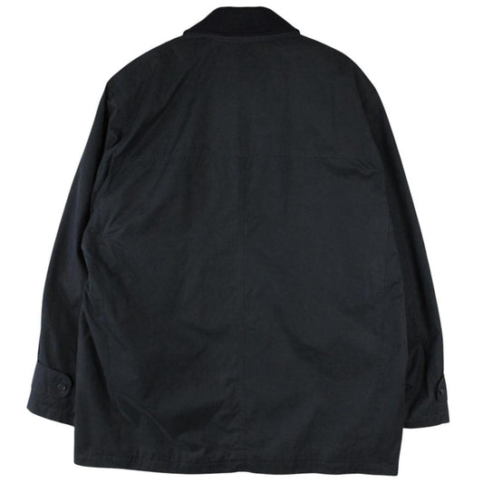Burberry navy blue wool coat with Nova Check lining and logo detail.
