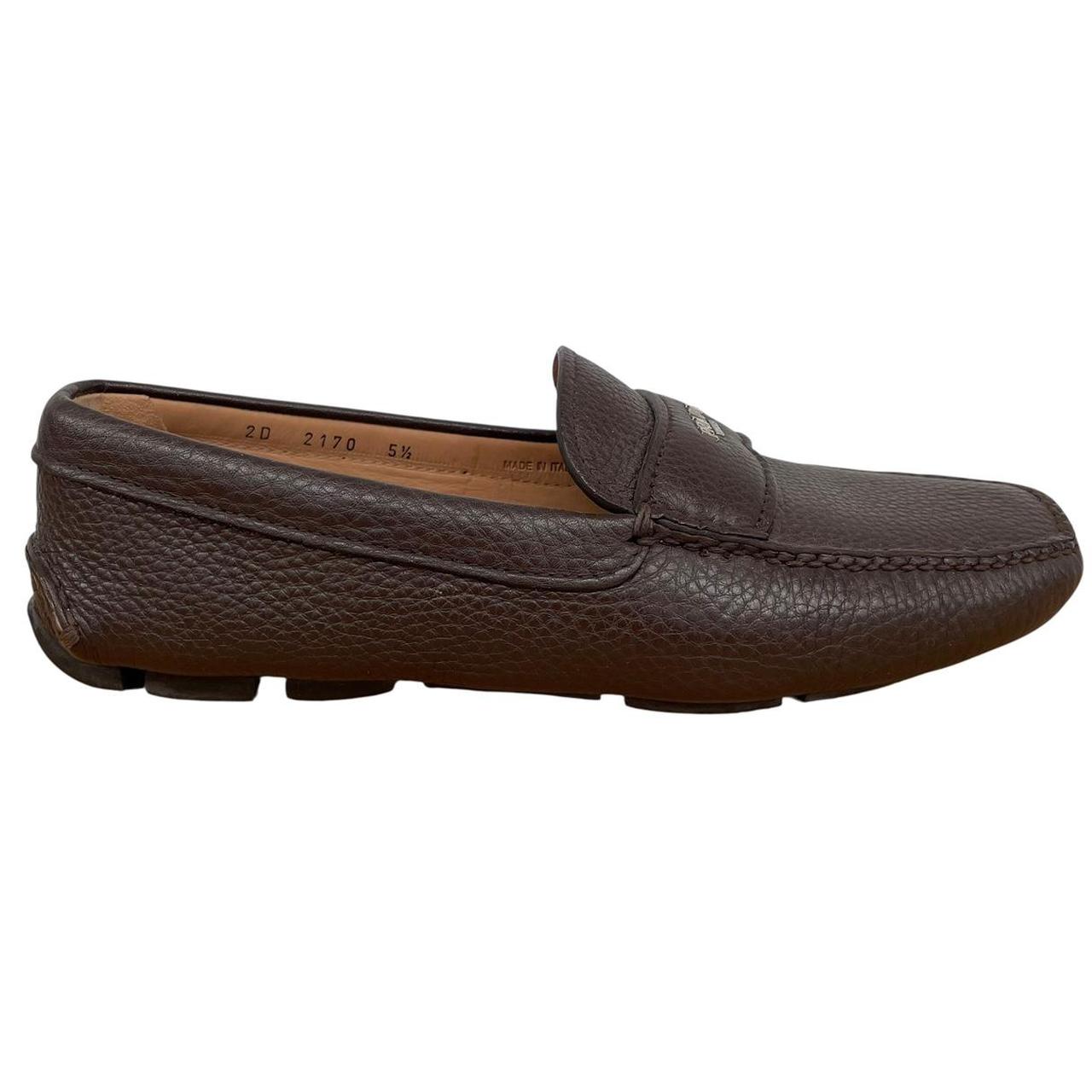 Prada Brown Logo Pebbled Leather Driving Shoe Loafers