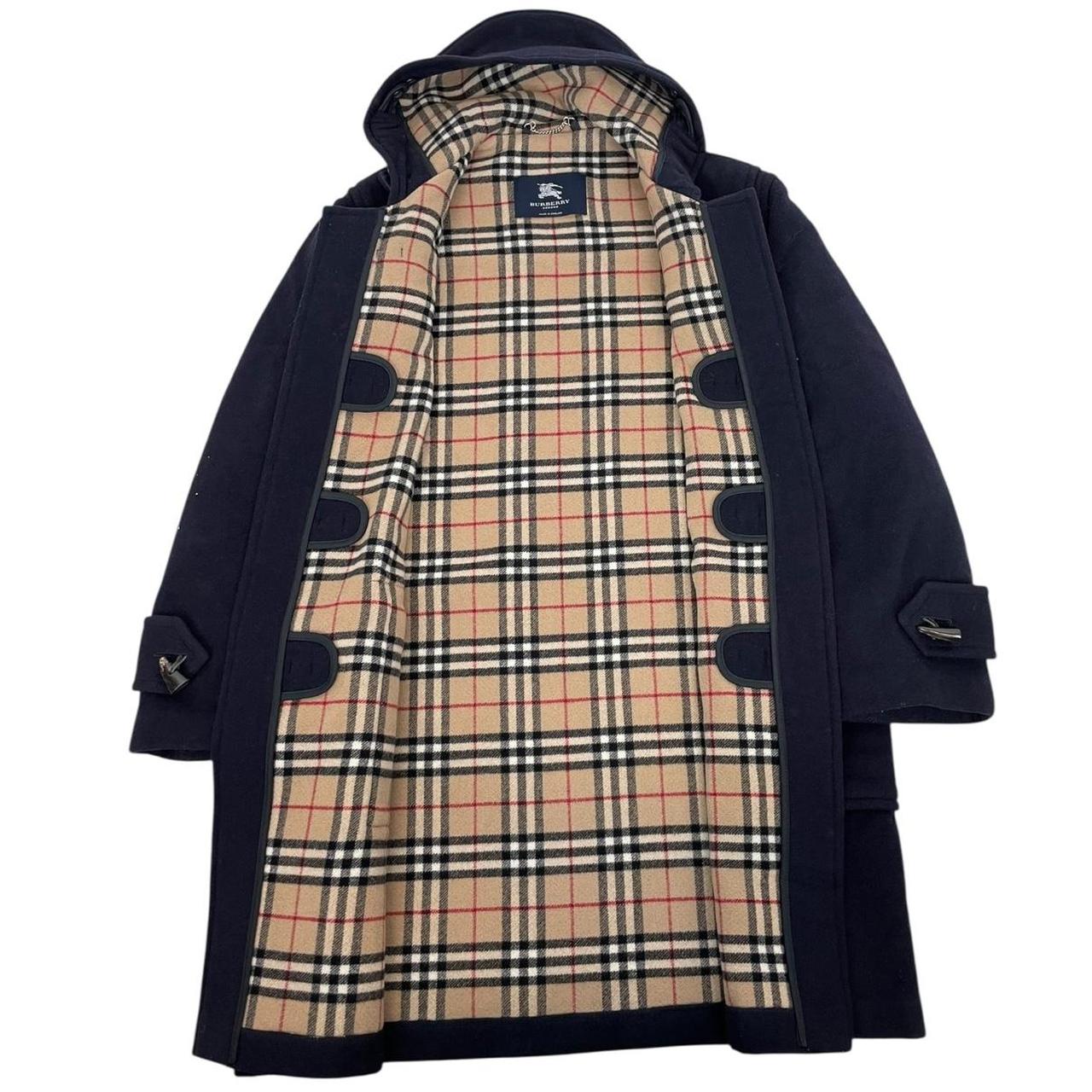 Vintage Burberry London Navy Blue Nova Check Lined Wool Duffle Coat