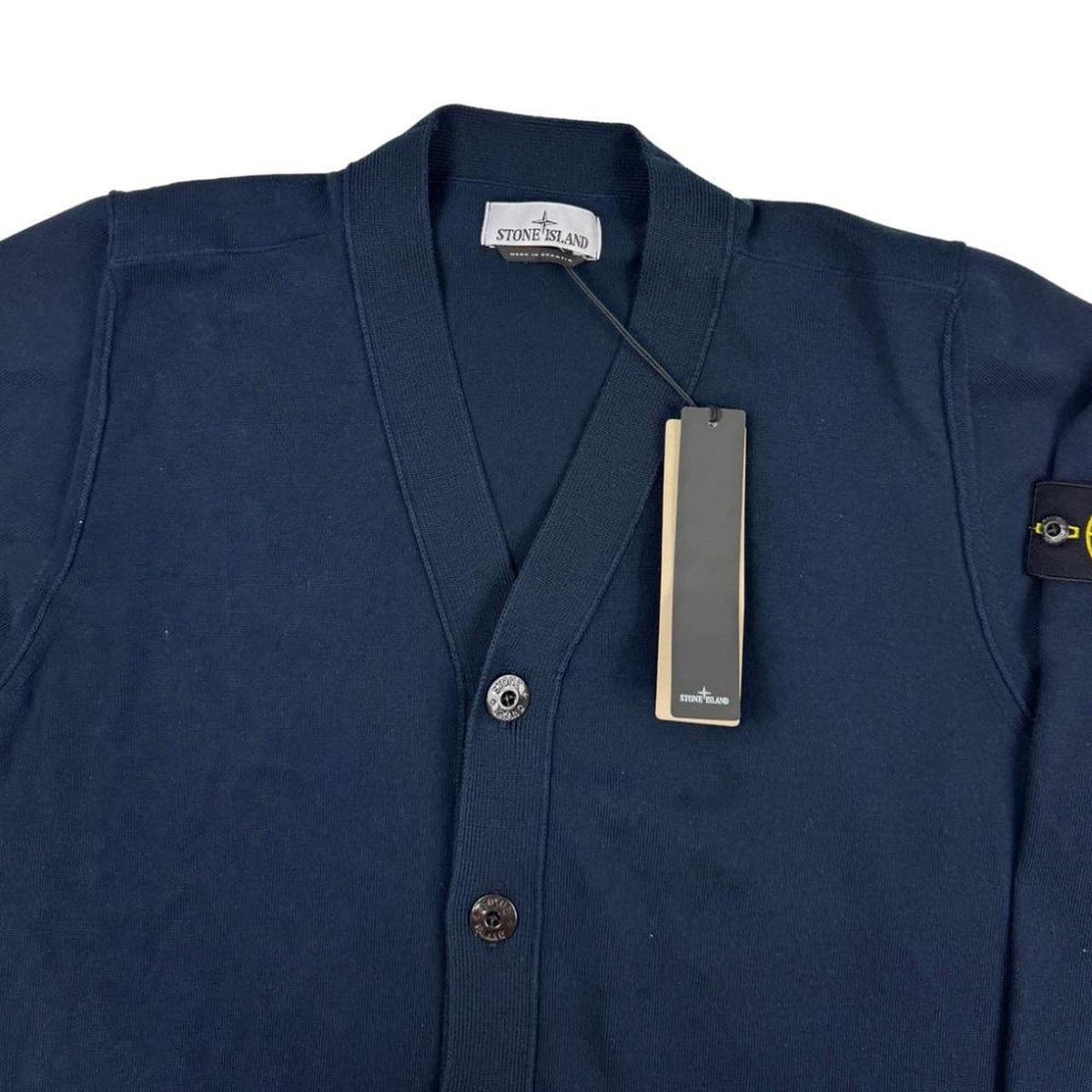 Stone Island navy blue cardigan jumper soft organic cotton with logo badge detail.