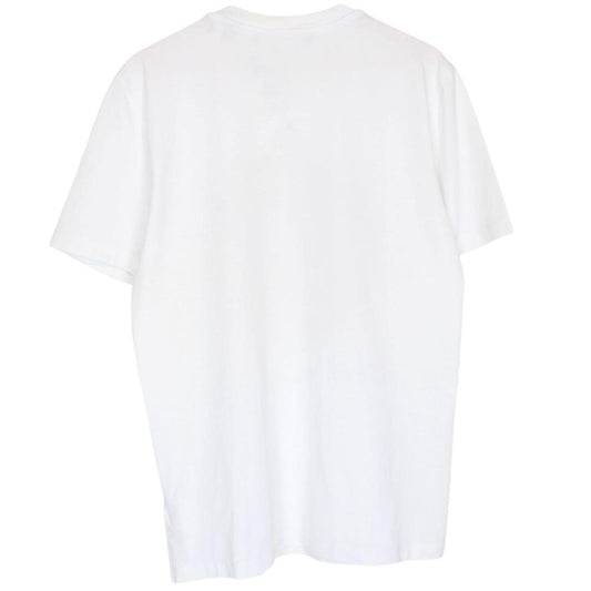 Moschino white pocket t-shirt with digital peace print and faint back stain.