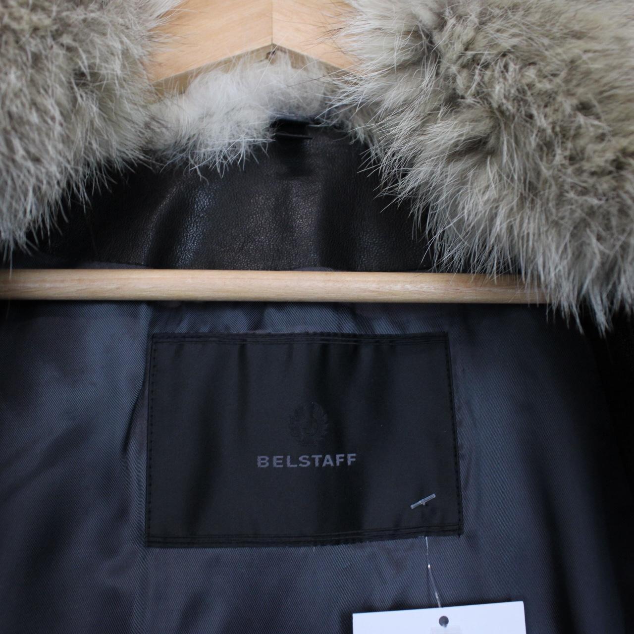 Belstaff black leather biker jacket with detachable coyote fur collar and logo detailing.