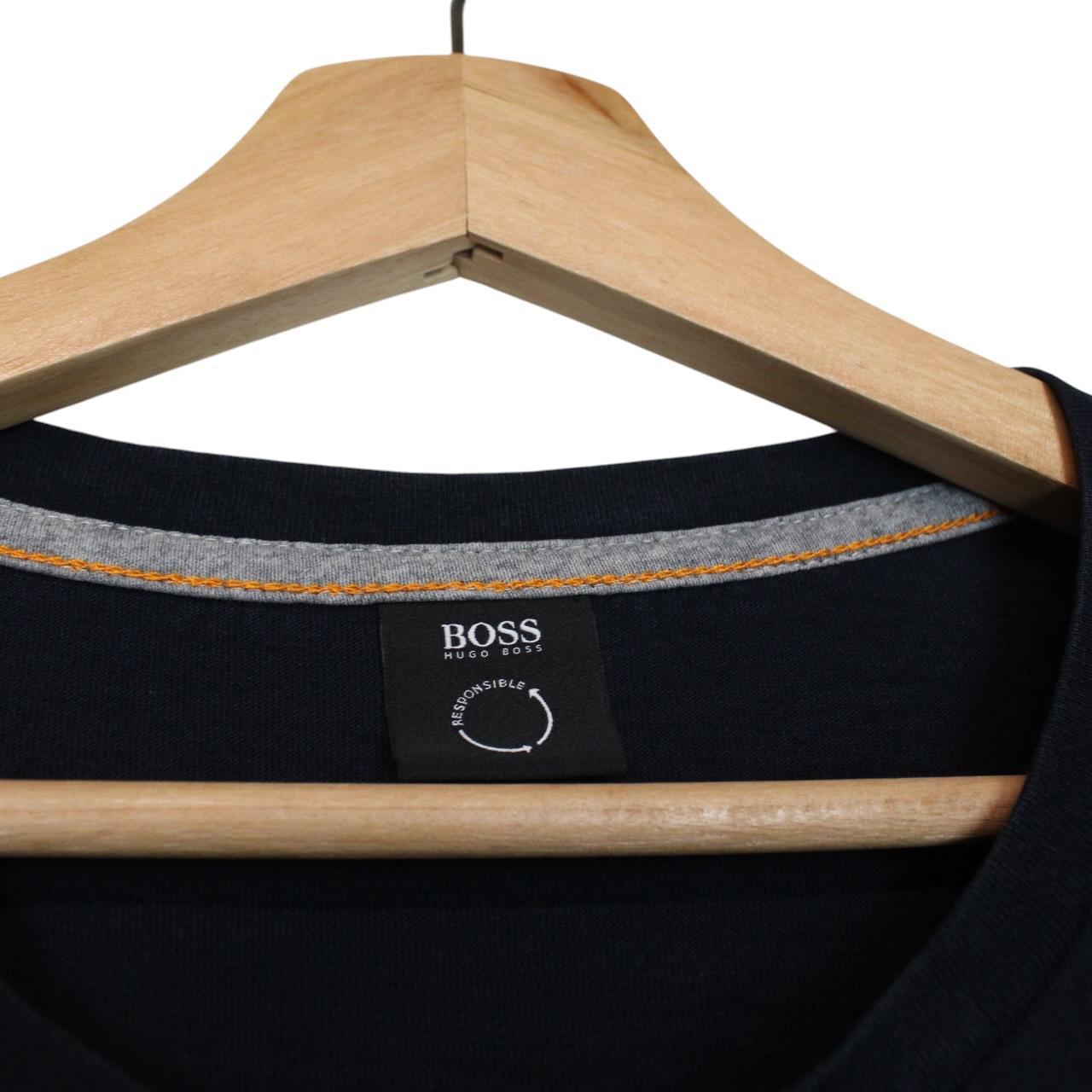 Hugo Boss navy blue long sleeve cotton t-shirt with logo patch on chest.