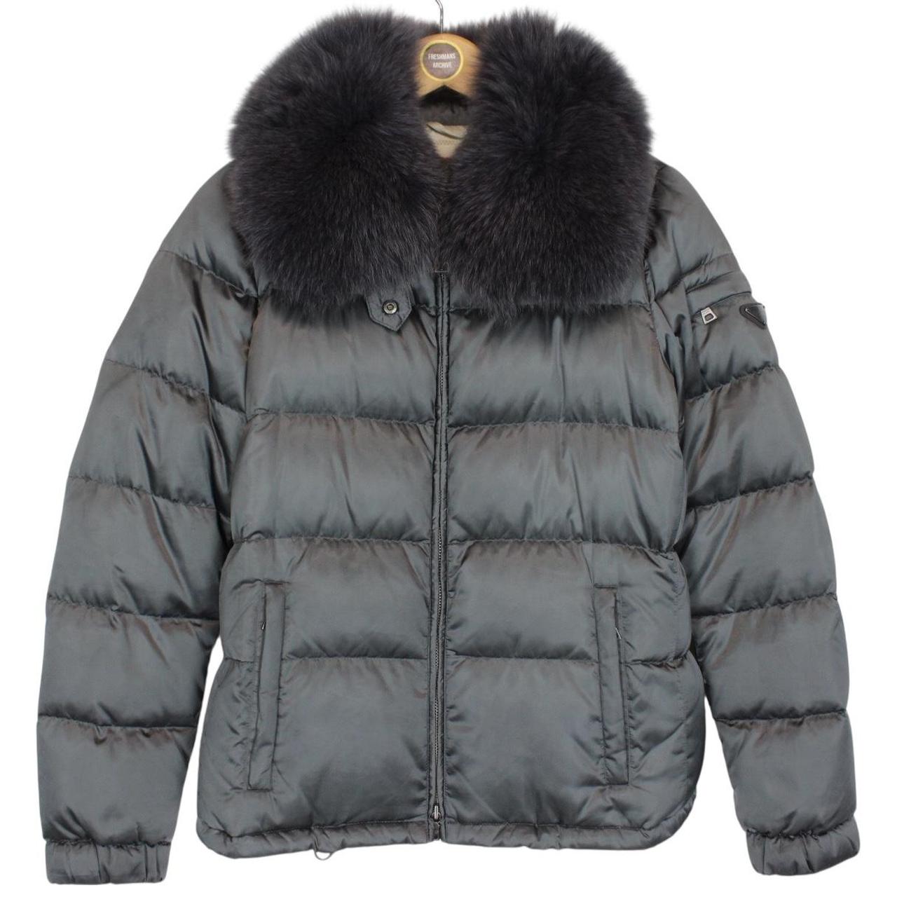 Prada Silver Resin Coated Nylon Fox Fur Collar Down Jacket