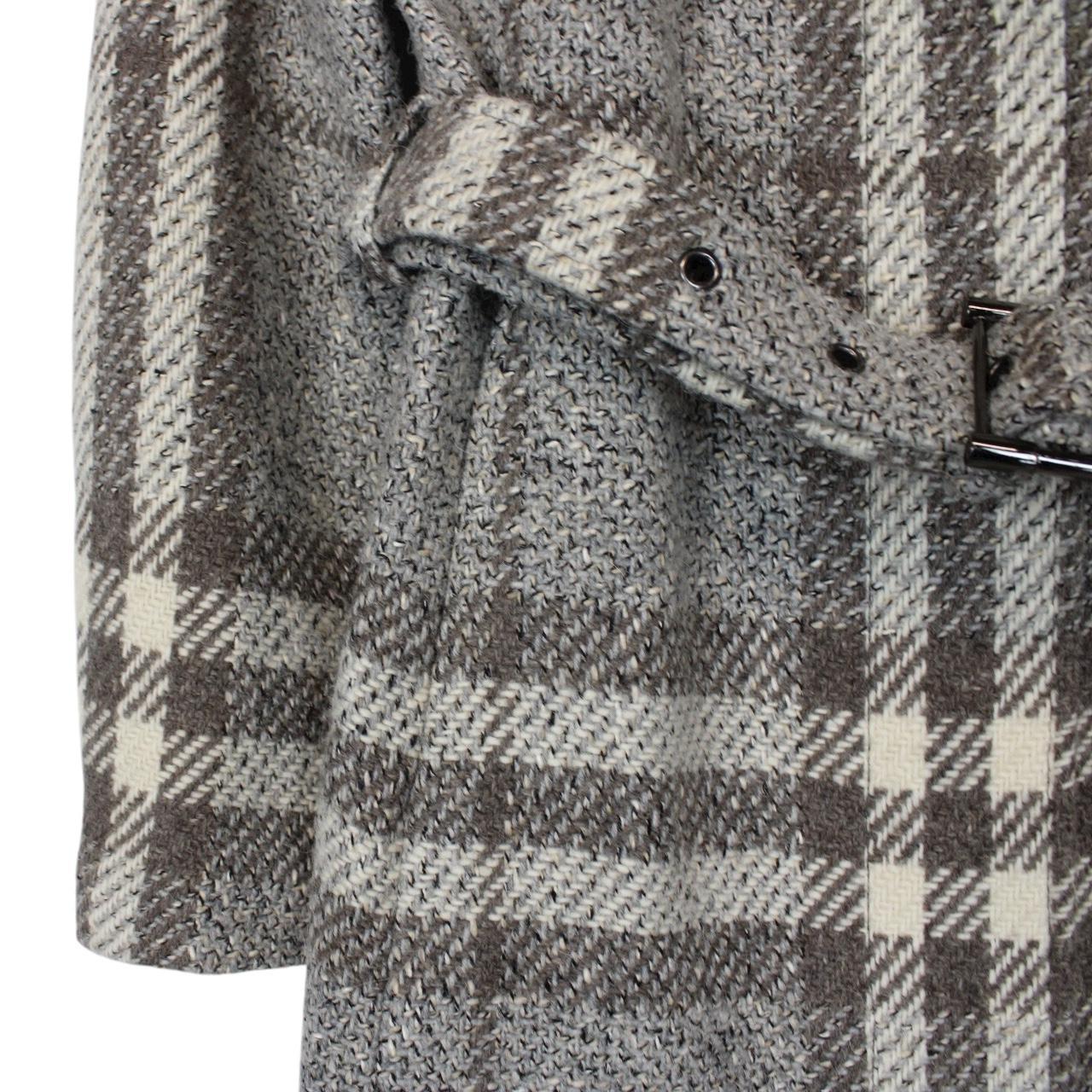 Burberry Grey and Cream Alpaca Wool Nova Check Belted Coat