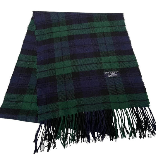 Vintage 90s Burberry Navy Blue and Green Check Lambswool Scarf