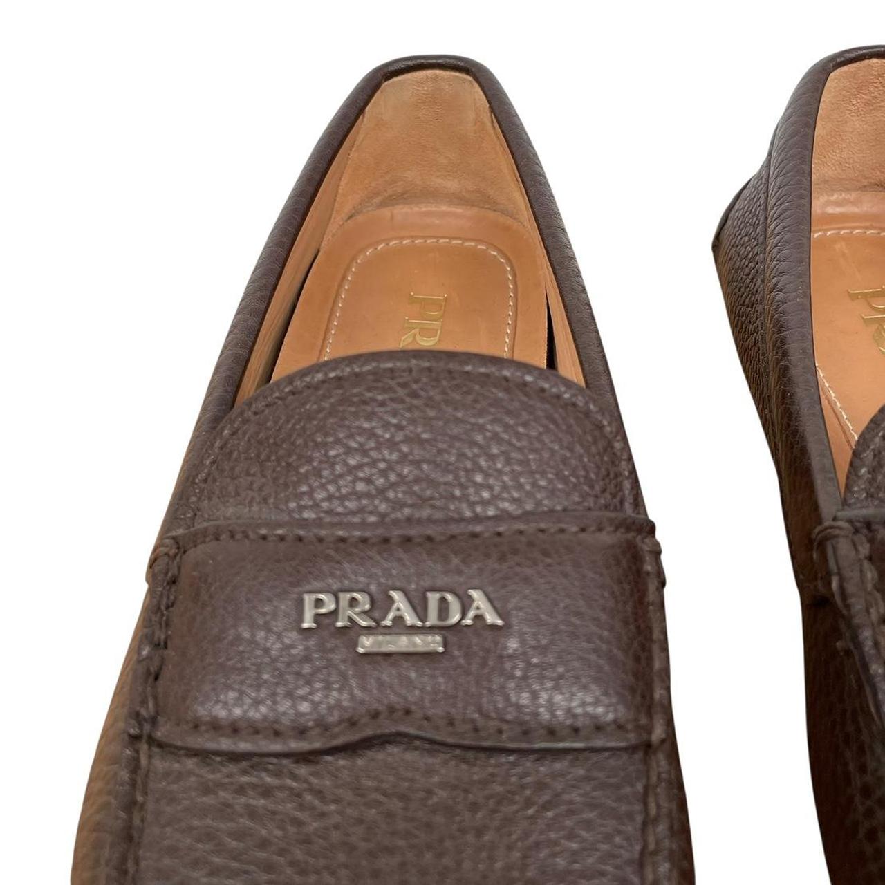 Prada Brown Logo Pebbled Leather Driving Shoe Loafers