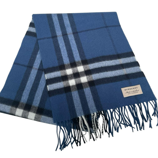 Burberry blue cashmere scarf featuring iconic Nova Check pattern and logo.