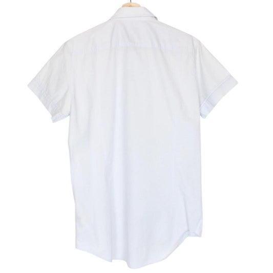 Vivienne Westwood light blue short sleeve cotton shirt with orb logo and collar discoloration.