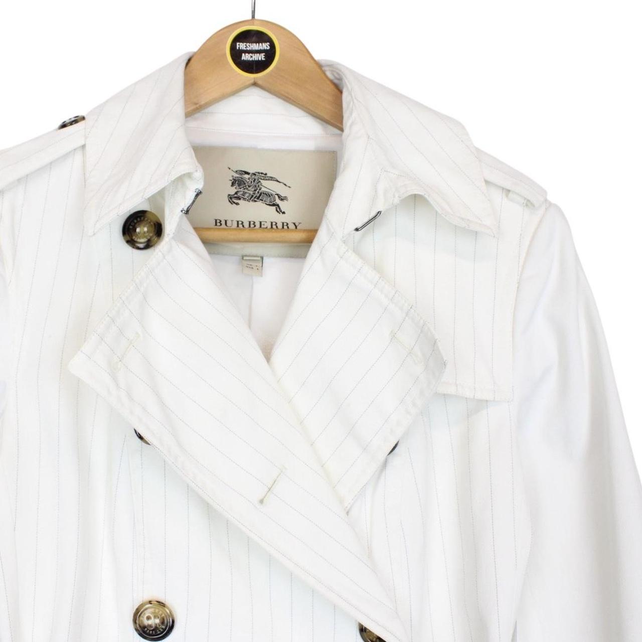 Burberry London White Pinstripe Double Breasted Belted Trench Coat