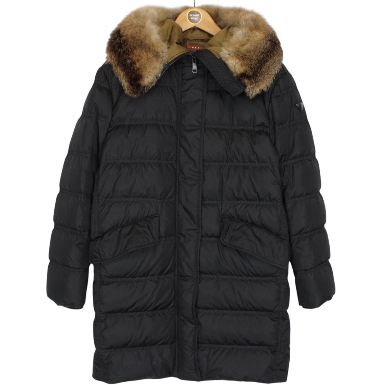 Prada Black Resin Coated Nylon Fox Fur Hood Long Down Jacket