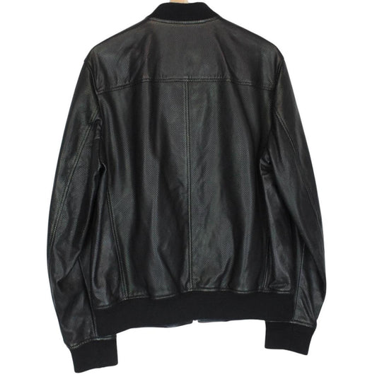 Belstaff black leather bomber jacket with full zip and logo details.