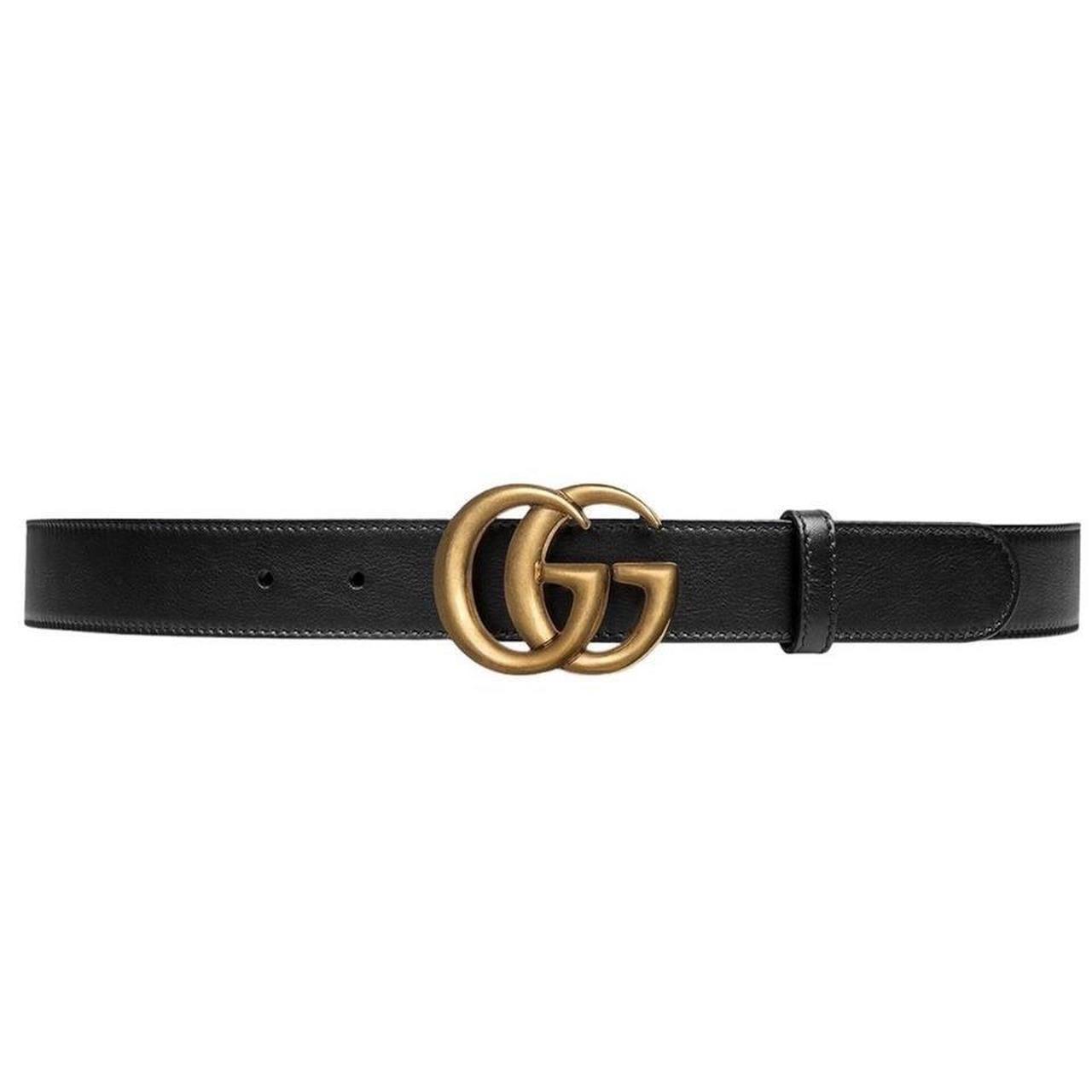 Gucci Black and Antique Brass Marmont Wide Leather Belt with GG Buckle