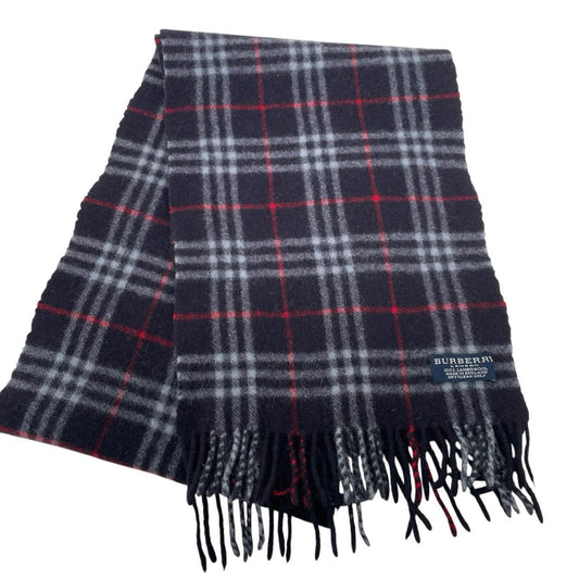 Burberry navy blue lambswool scarf with classic Nova Check pattern.