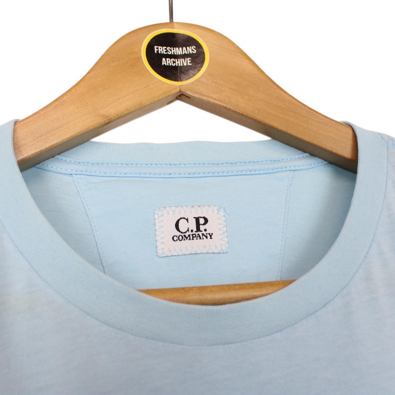 CP Company Light Blue and Black Block Man Logo Short Sleeve T-Shirt