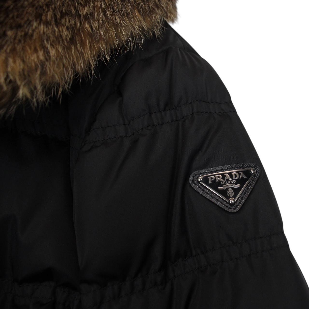 Prada Black Resin Coated Nylon Fox Fur Hood Long Down Jacket