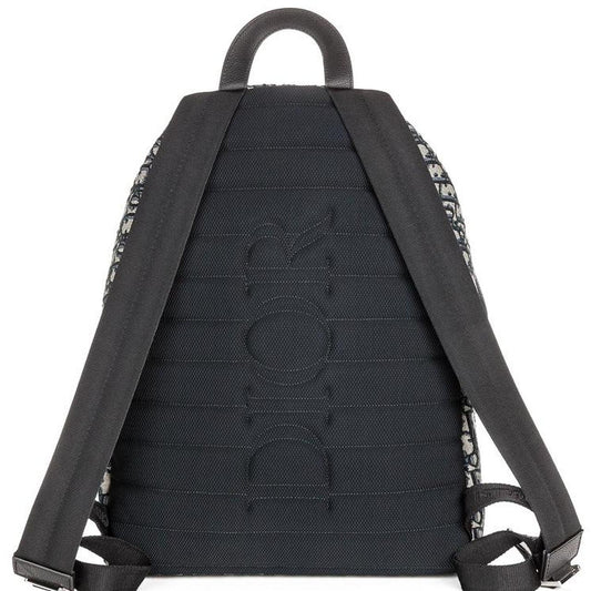 Dior beige and black oblique jacquard monogram rider backpack with logo pattern.
