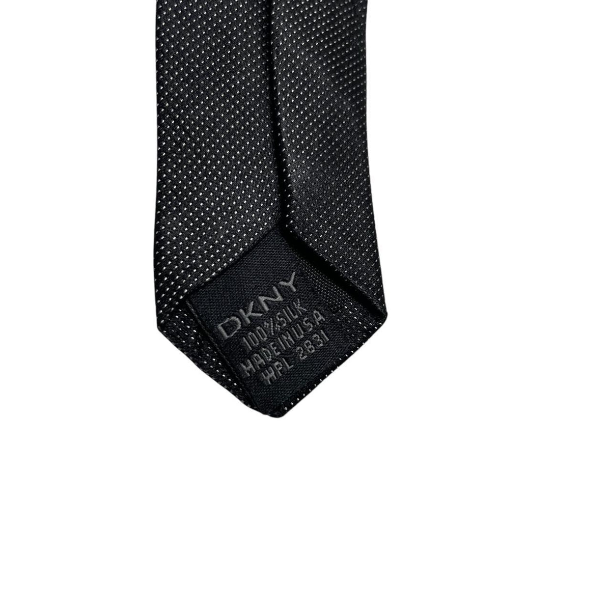 DKNY black silk tie with classic design and subtle sheen.