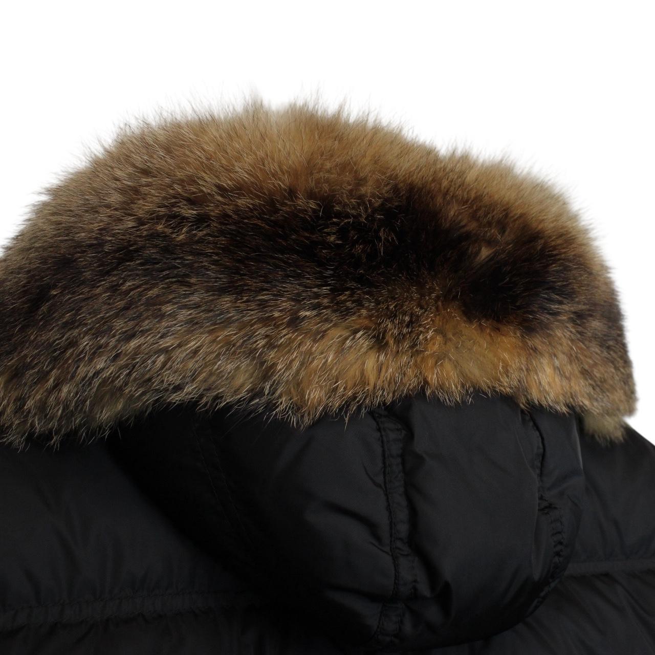 Prada Black Resin Coated Nylon Fox Fur Hood Long Down Jacket