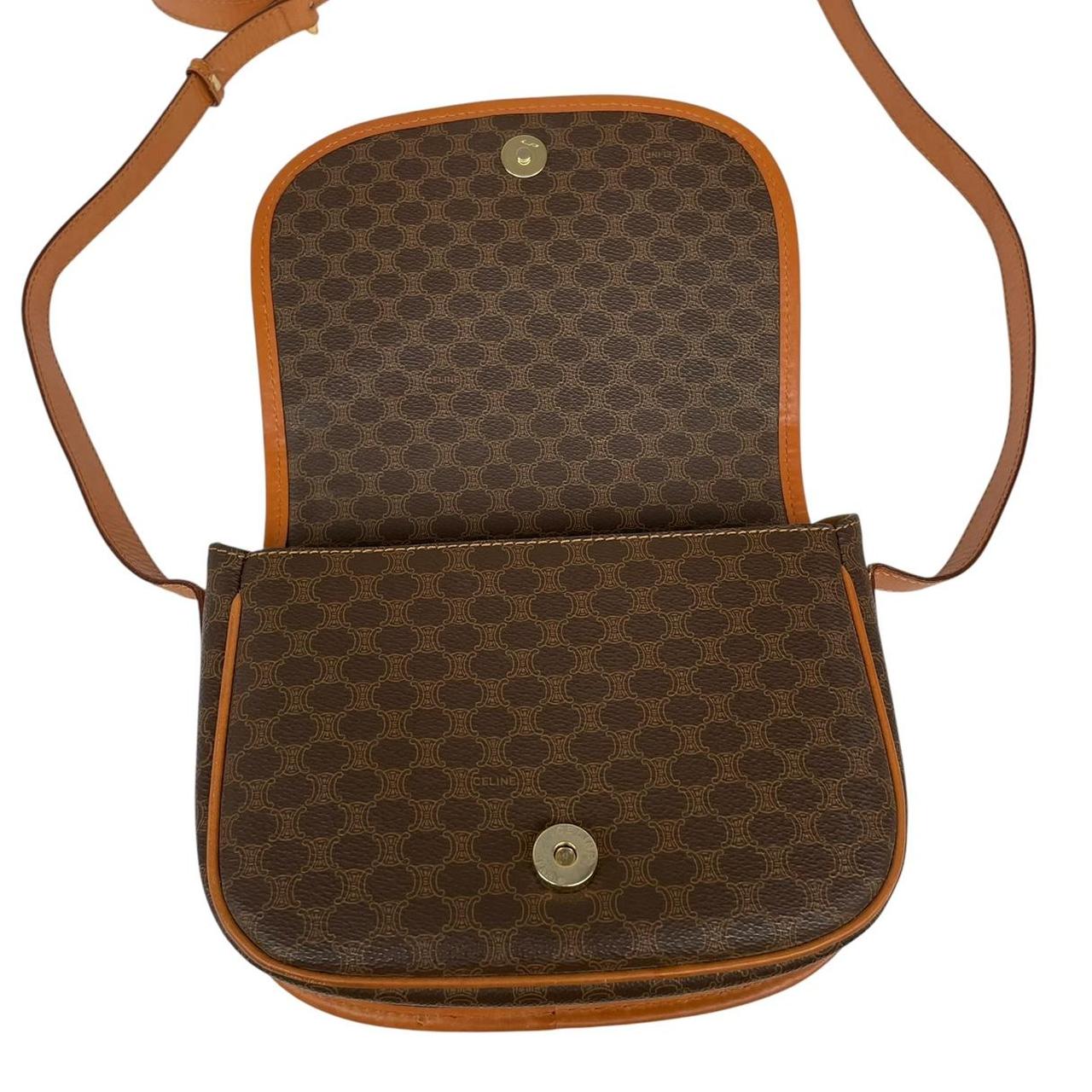 CELINE brown and tan duffel bag with Macadam pattern and leather/canvas material.
