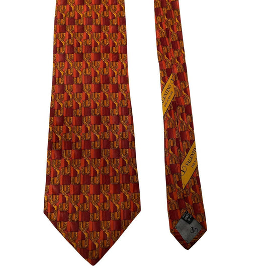 Vintage Valentino Orange Geometric Pattern Silk Tie