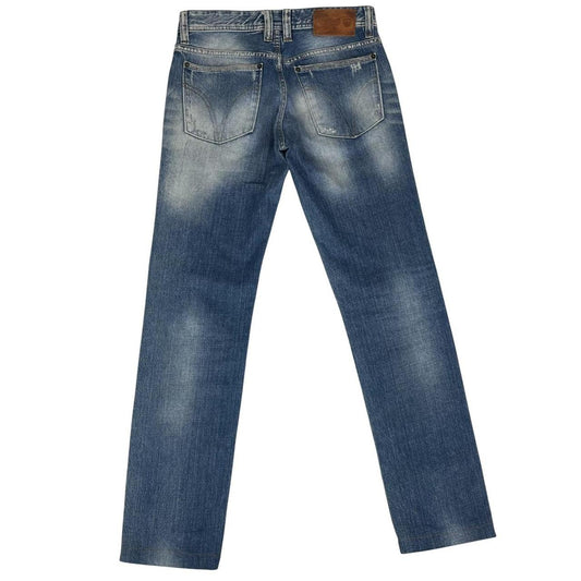 Dolce & Gabbana blue straight jeans mid wash with logo patch and slim fit design.