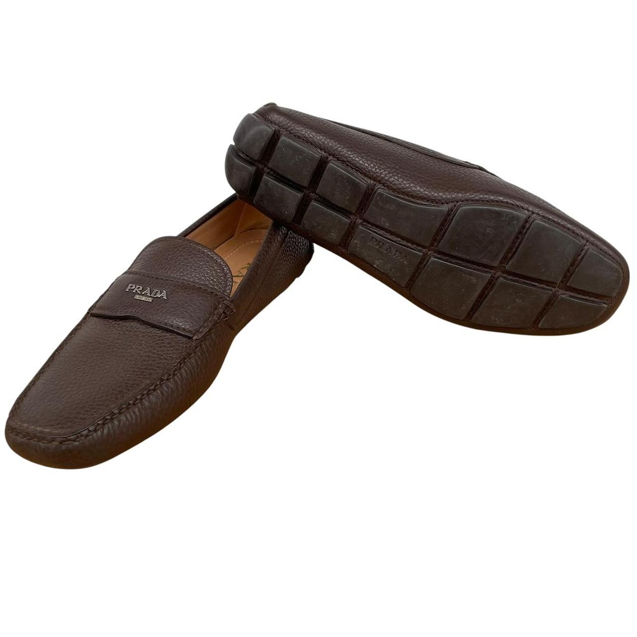 Prada Brown Logo Pebbled Leather Driving Shoe Loafers