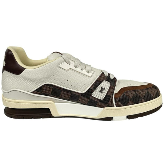 Louis Vuitton trainers white and moka brown Damier Ebene leather with logo detail.