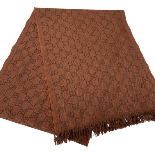Gucci Orange and Brown GG Monogram Frayed Wool Scarf