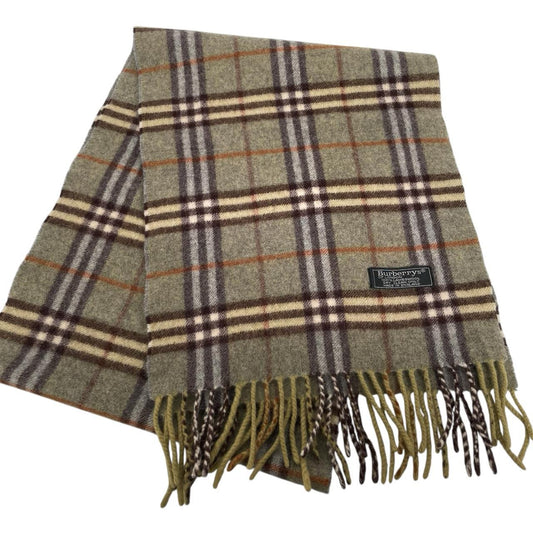 Burberry green lambswool scarf featuring iconic Nova Check pattern.