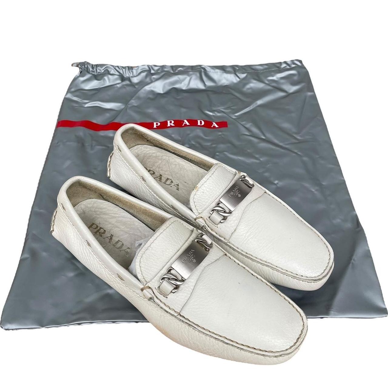Prada Cream and Silver Logo Pebbled Leather Driving Shoe Loafers