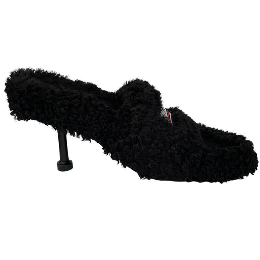 Balenciaga Black Faux Fur Furry High Heels Slides