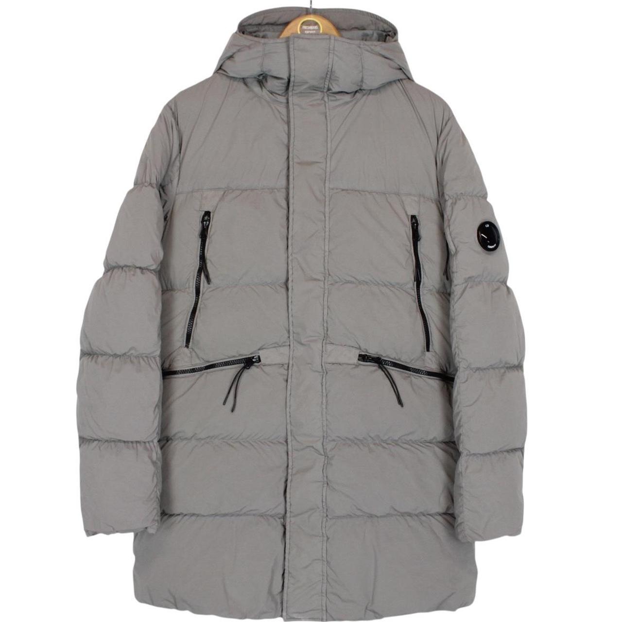CP Company Grey Nycra-R Full Zip Lens Down Hooded Puffer Coat