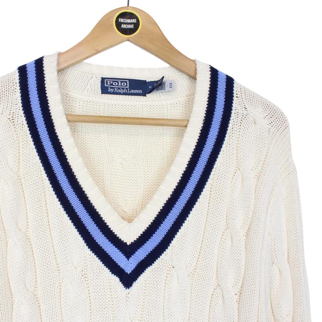 Polo Ralph Lauren Cream and Blue The Iconic Cricket Cotton Cable Knit Jumper