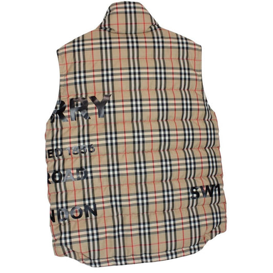 Burberry tan brown down gilet with Nova Check pattern and logo detail.
