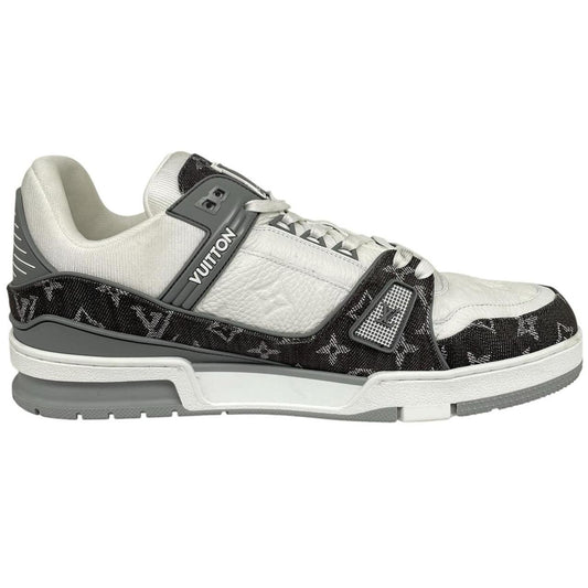 Louis Vuitton grey and white trainers with monogram pattern and leather accents.