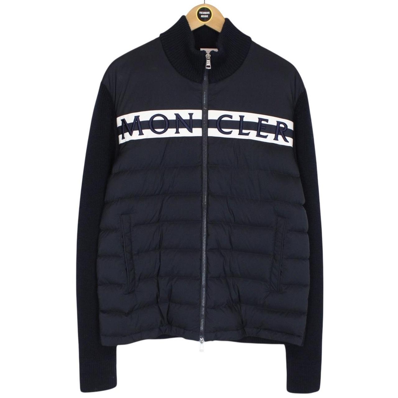 Moncler Navy Blue and White Full Zip Wool/Nylon Cardigan Jacket