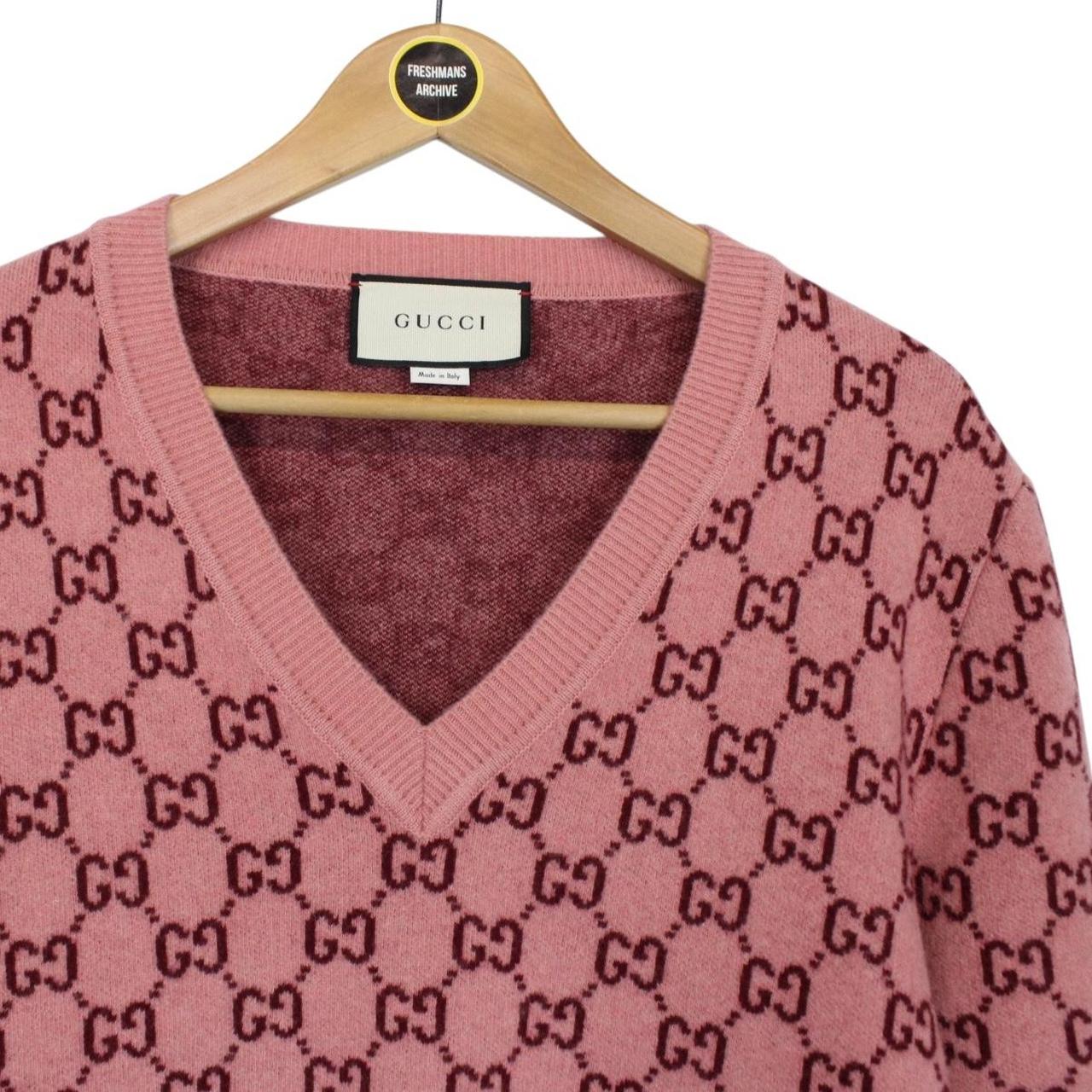 Gucci Pink GG Monogram Cashmere Wool Blend V Neck Jumper