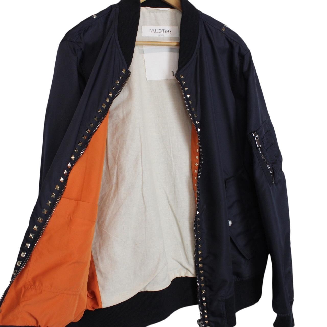 Valentino Navy Blue Rockstud Full Zip Nylon Bomber Jacket