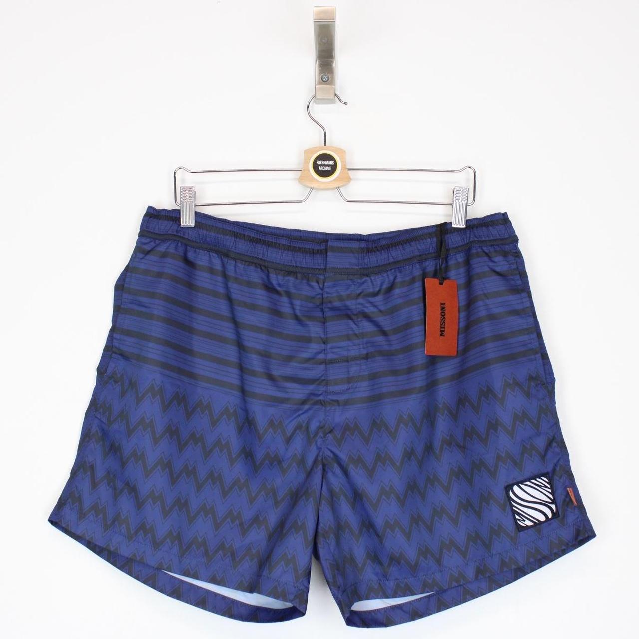 Missoni Navy Blue Striped Logo Patch Nylon Swim Shorts