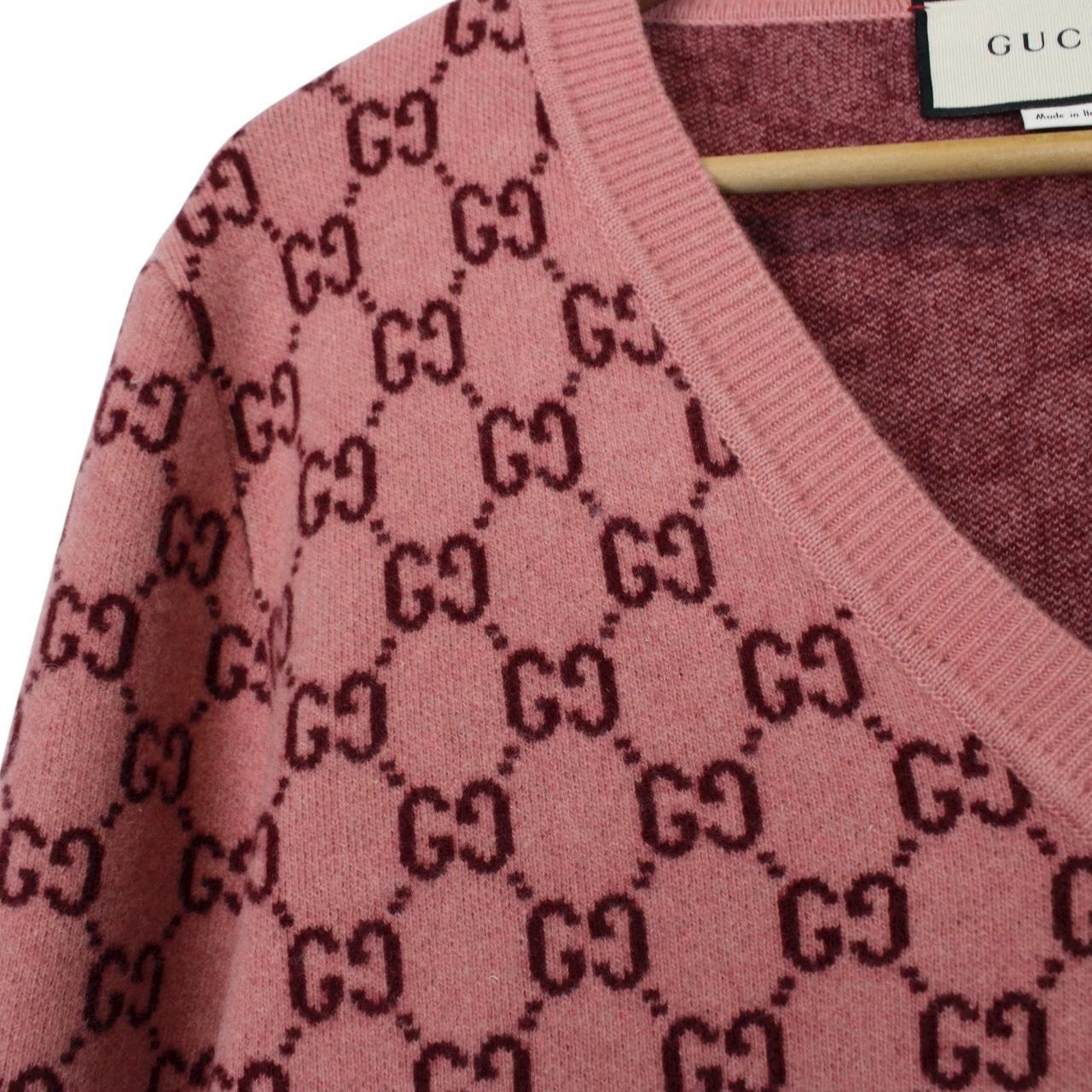 Gucci Pink GG Monogram Cashmere Wool Blend V Neck Jumper