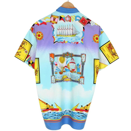 Vintage 90s Versace Sport Multicoloured Ships Print Short Sleeve Cotton Shirt