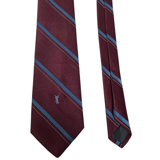 Vintage Yves Saint Laurent Burgundy and Blue Striped Logo Silk Tie