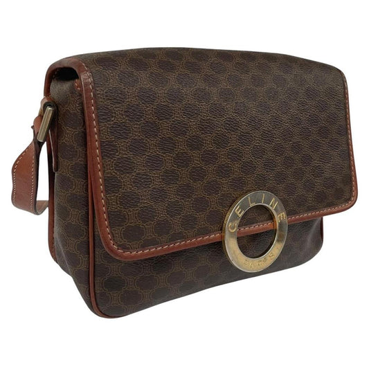 CELINE brown duffel bag with Macadam canvas pattern and logo detail.