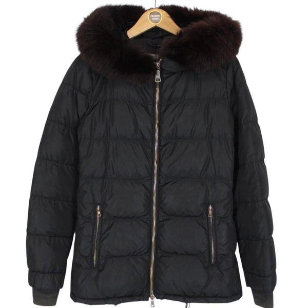 Prada Black Nylon Fur Hood Down Jacket