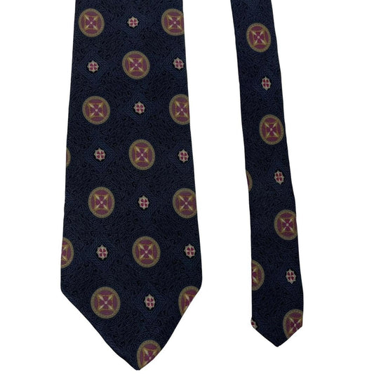 Yves Saint Laurent navy blue silk tie with abstract print design.