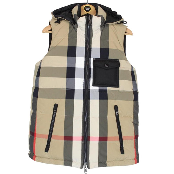 Burberry Oakham Beige and Black Nova Check Reversible Hooded Down Gilet /