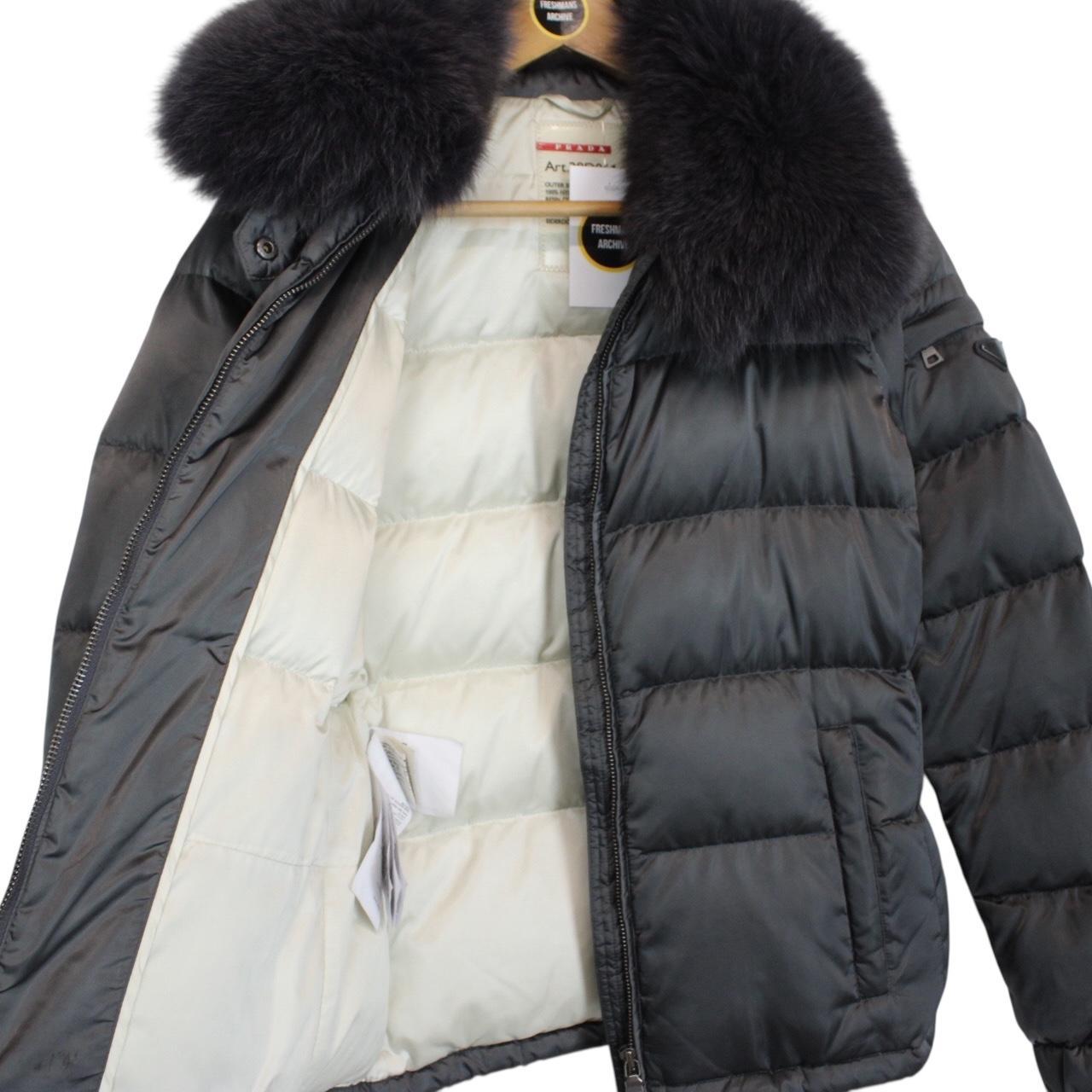 Prada Silver Resin Coated Nylon Fox Fur Collar Down Jacket