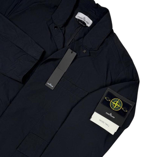 Stone Island black full zip jacket with logo badge and micro twill fabric.