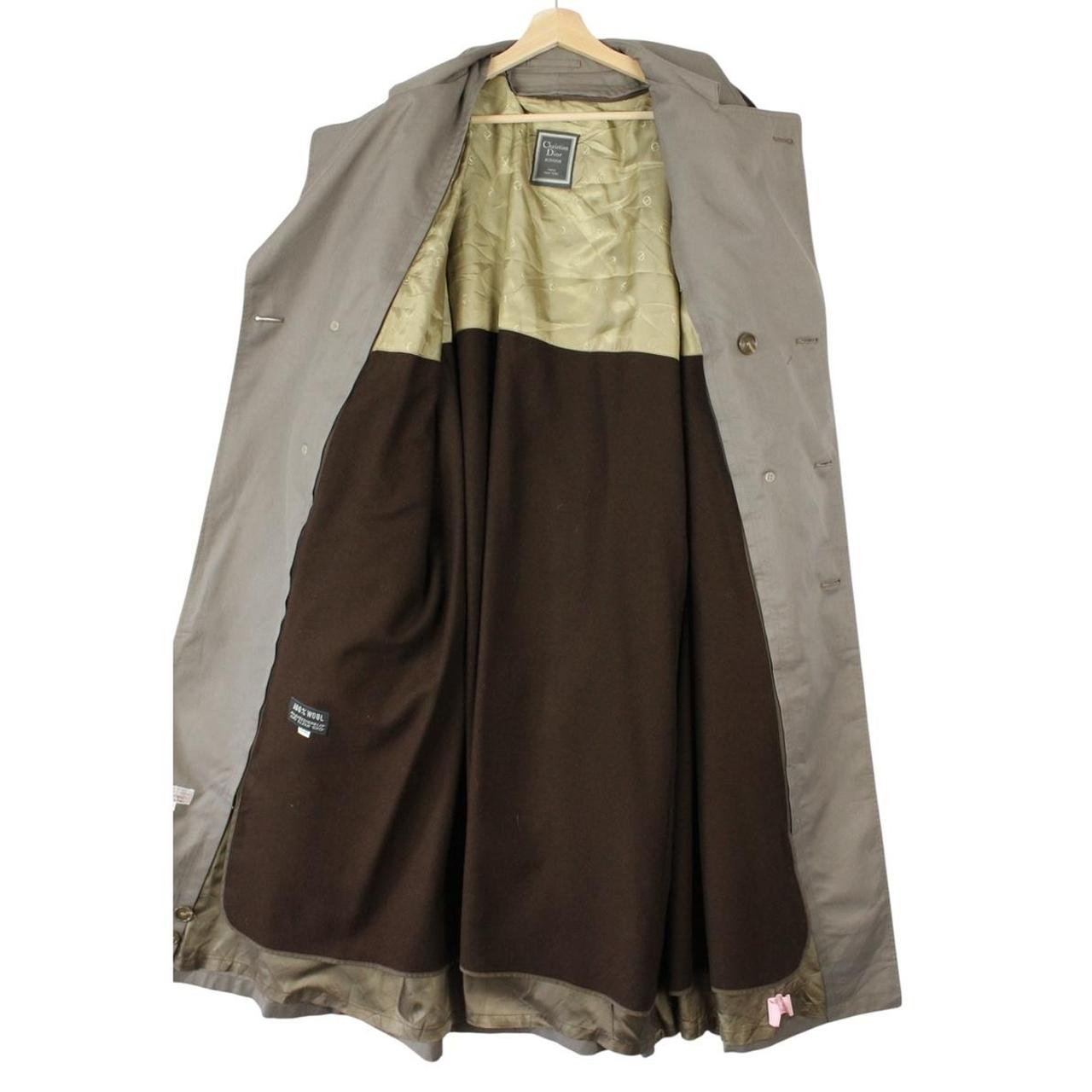 Christian Dior grey double breasted trench coat with removable wool lining and belted waist.
